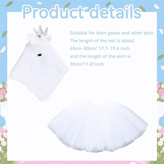 Wedding Porch Goose Outfits, Princess Themed Costume with Crown, Tiara, Veil & Tutu Skirt – Fits 17''/23'' Lawn Goose, White Lawn Decor for Garden & Wedding Events