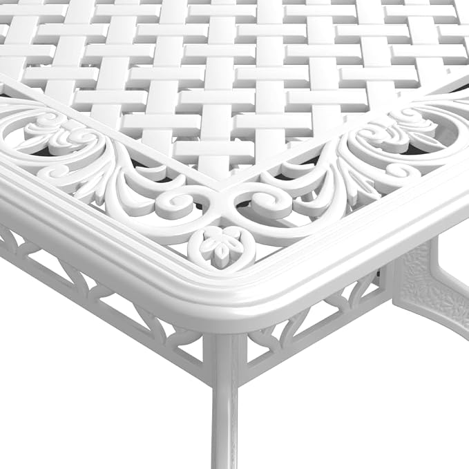 5 Piece Patio Dining Set White Cast Aluminum Outdoor Garden Furniture Table and 4 Chairs with Umbrella Hole for Backyard Lawn Poolside