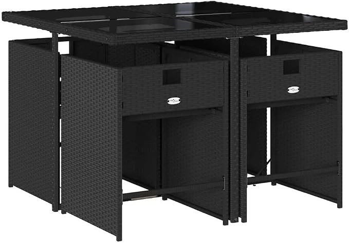 5 Piece Patio Dining Set with Cushions Black Poly Rattan Outdoor Garden Furniture Table and 4 Folding Chairs with Removable Washable Covers UV-Proof Tempered Glass Top for Backyard Deck Entertaining