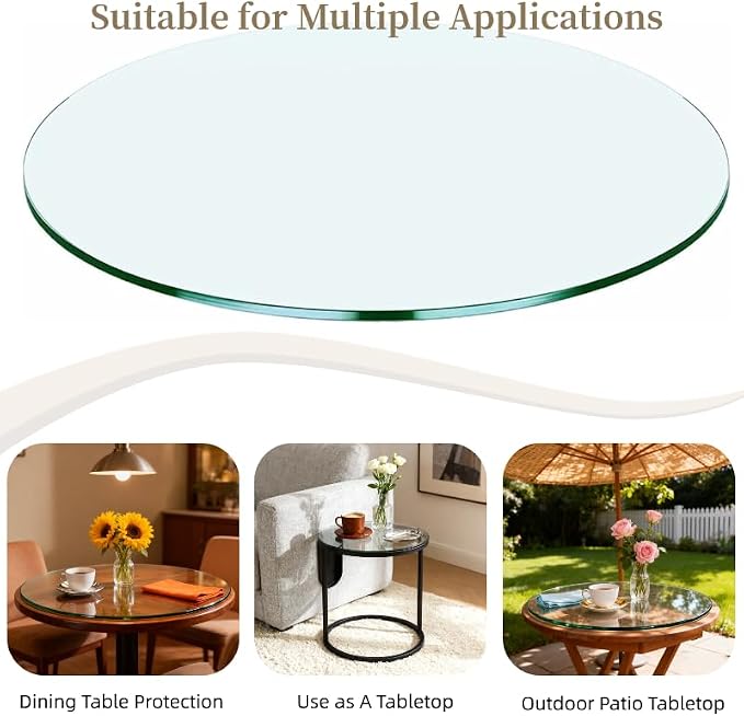 Meihua Glass Table Top, 36 Inch Round 1/4" Thick Flat Polished Edge, Clear Tempered Glass Surface Protector, Multipurpose for Dining Table, Patio, Coffee and End Table