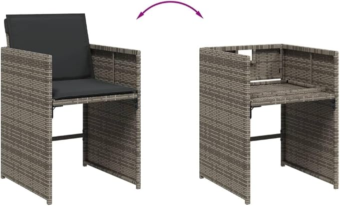 9 Piece Patio Dining Set with Cushions Gray Poly Rattan Outdoor Table and 8 Chairs for Backyard Garden Deck, Foldable Space-Saving Seating, Solid Acacia Wood Tabletop, UV-Proof, 242.5 lb Capacity