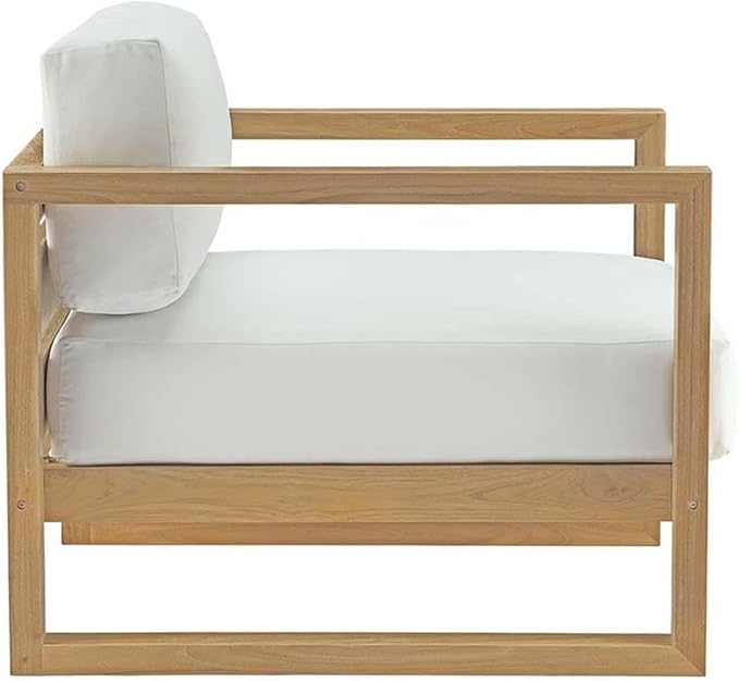 Pemberly Row 8-Piece Teak Patio Sofa Set, Natural Wood and White Finish, Includes Sofa, Armchairs, Ottomans, Coffee Table and Side Tables, Modern Outdoor Furniture with Washable Cushions