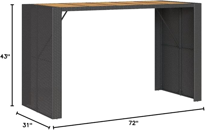 Synthetic Rattan Bar Table Black 72.8 Inch Long Rectangular Outdoor Bar Height Table Weather Resistant for Patio Garden Poolside