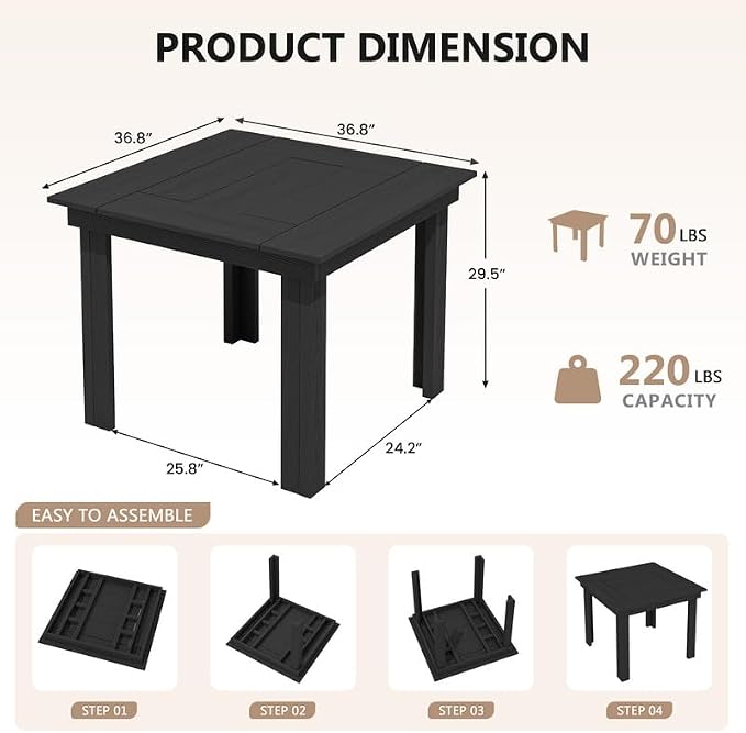 KINGYES 8-Piece HDPE Outdoor Dining Set for 6, Square Patio Table & Armless Chairs with Umbrella Hole, All-Weather Patio Dining Set for Backyard, Garden, Lawn & Poolside, Black