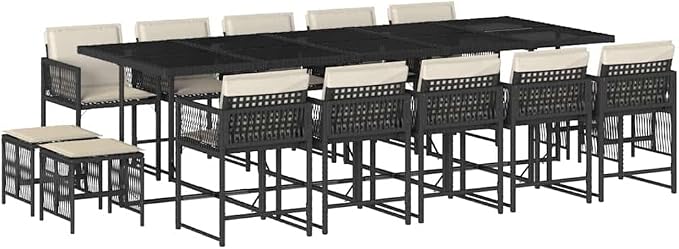 14-Piece Garden Dining Set, PERattan Patio Furniture Table and Chairs with Washable Cushions, Space-Saving Outdoor Sectional for Backyard Gatherings, Black and Cream White