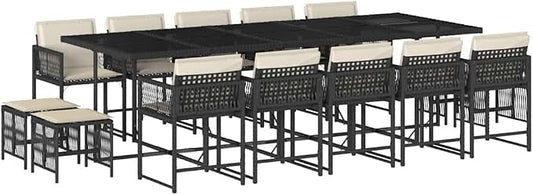 14-Seater Garden Dining Set with PE Rattan and Powder-Coated Steel, Rectangular Table and Stackable Chairs for Patio Backyard, Black and Cream White