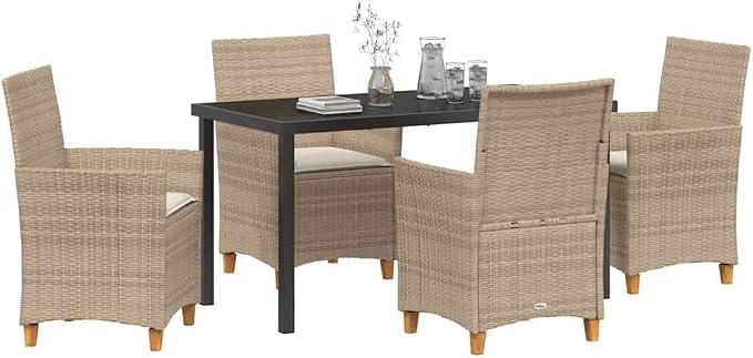 5 Piece Garden Dining Set, Weather-Resistant Poly Rattan Patio Furniture with Glass Tabletop and 4 Chairs for Outdoor Backyard Deck, Beige