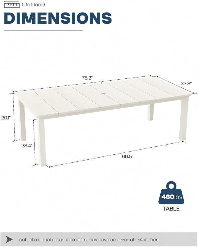 75.2" HDPE Outdoor Dining Table for 4-6 People, Rectangular Patio Dining Table with Umbrella Hole, All Weather Patio Dining Outdoor Table for Deck, Backyard and Garden, White