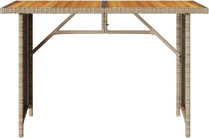 Garden Table Beige PE Rattan with Powder-Coated Steel Frame and Solid Acacia Wood top 43.3 x 26.8 x 27.6 in Rectangular Outdoor Dining Table for Patio Balcony Backyard use