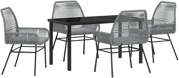 Afuera Living 5 Piece Poly Rattan Garden Dining Set, Black Finish, Cushioned Seats, UV-Resistant Material, Powder-Coated Steel Frame, Tempered Glass Tabletop, Modern Patio Furniture for Outdoor Spaces