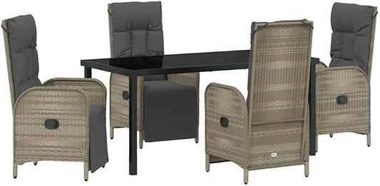 Afuera Living 5 Piece Poly Rattan Patio Dining Set, Gray, Weather-Resistant Cushions, Powder-Coated Steel Frame, Tempered Glass Tabletop, UV Resistant, Modern Outdoor Furniture for Garden, Balcony,