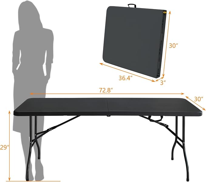 Anwick 6 Foot Folding Table Portable Fold-in-Half Plastic Picnic Table w/Handle and Steel Legs for Indoor, Outdoor, Camping, Party, Garden (Black, 6ft)