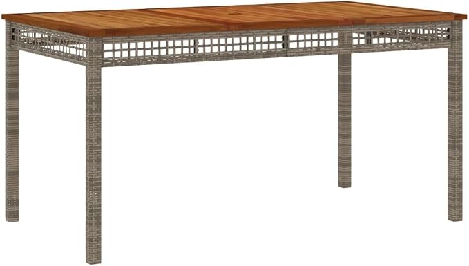 5-Piece Gray PE Rattan Patio Dining Set with Acacia Wood Table | Includes four chairs with dark gray padded cushions, designed for backyard, garden, or porch dining.