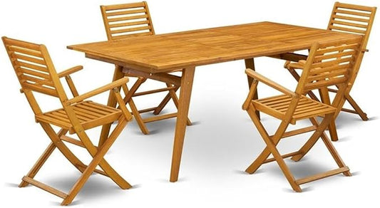 Pemberly Row Traditional 5-Piece Wood Patio Dining Set, Rectangular Table with Ladder Back Chairs, Rubber Wood Construction, Natural Oil Finish, Durable Outdoor Furniture for Backyard or Patio Use
