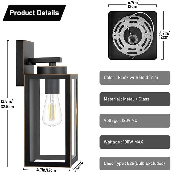 BesLowe Outdoor Wall Light Fixtures, Porch Lights Black with Gold Trim | Waterproof Metal Construction, Rust-resistant, Quick & Easy Installation, Clear Glass Shades & Standard E26 Socket