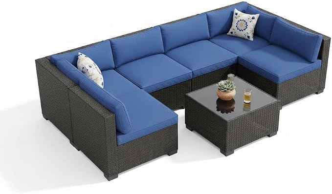 GarveeHome 7-Piece Modular Outdoor Patio Set, Sectional Rattan Wicker Sofa with Water-Resistant & Washable Thick Blue Cushions, Includes Coffee Table, Black Frame for Garden, Deck, Poolside
