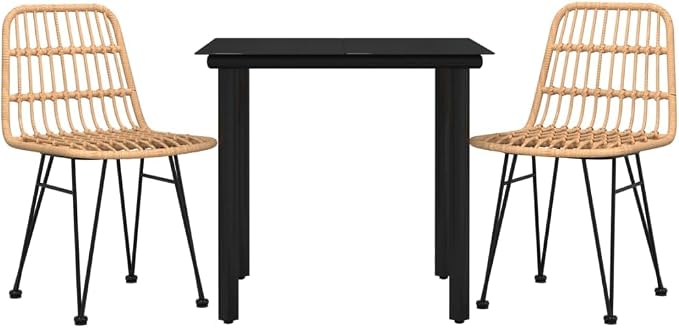 3 Piece Patio Dining Set, Poly Rattan Bistro Furniture Set with 31.5 Inch Tempered Glass Table and 2 Chairs, Black Backyard Balcony Porch Conversation Set