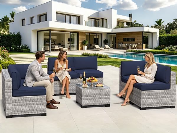 7 Pieces Outdoor Patio Furniture Set, Wicker Modular Sectional Sofa, All Weather Conversation Sets with Glass Table for Yard, Garden, Poolside, Off-White Rattan & Navy Blue Cushions