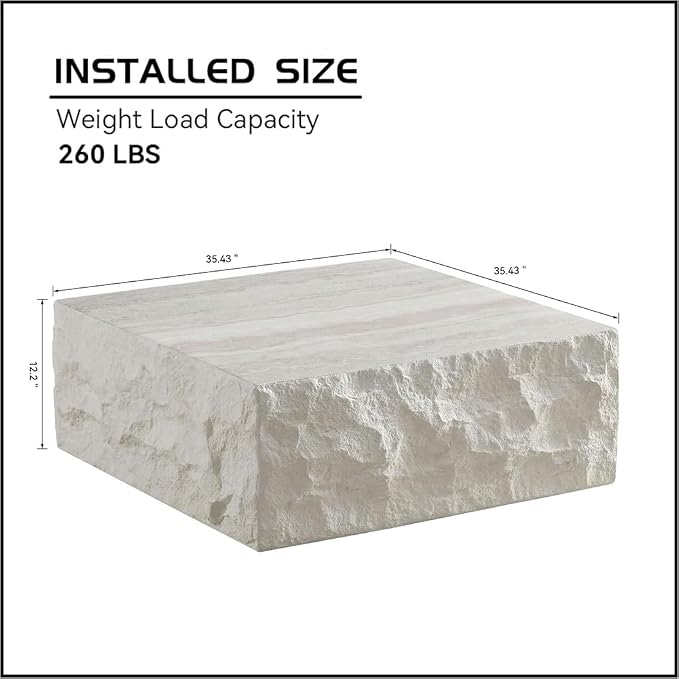 Square Coffee Table for Living Room Faux Stone Coffee Table, 35.4" Modern Low Center Tables for Apartment, No Need Assemble, Fiberglass (Travertine Concrete Pattern)