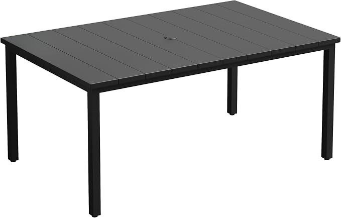 VICLLAX Outdoor Patio Dining Table for 6, 63" Rectangle Dining Table with Umbrella Hole for Porch, Backyard, Garden, Deck, Black