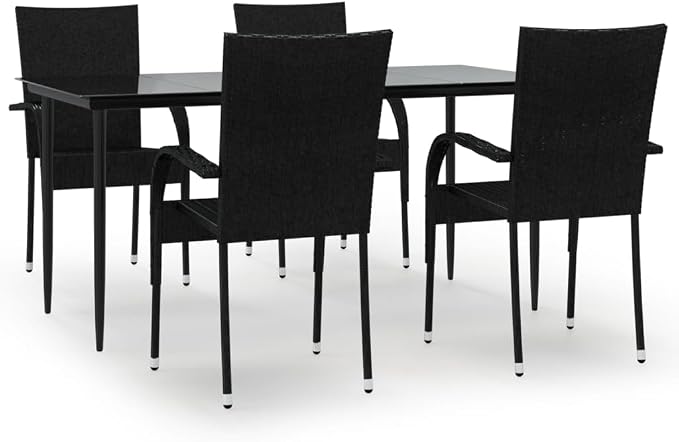 5 Piece Patio Dining Set Black Poly Rattan Outdoor Furniture Table and 4 Chairs with Tempered Glass Top for Garden Backyard Deck Entertaining