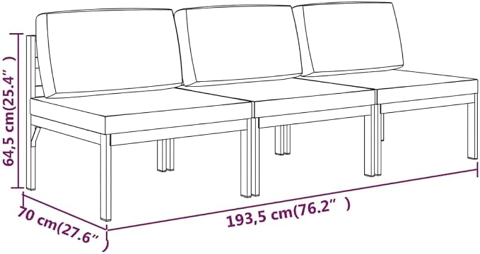 3-Seater Patio Sofa, Aluminum Outdoor Sectional Couch with Cushions, Modular Middle Sofa Chair Set for Backyard, Garden, Porch and Deck, Anthracite Grey