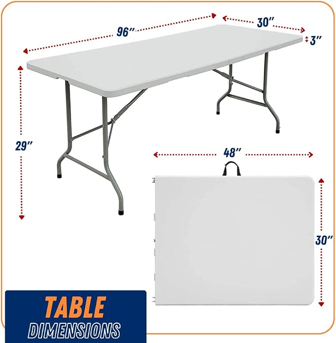 Combo 8FT Folding Table with 2-Pack Folding Chairs Indoor Outdoor Heavy Duty Portable Folding Plastic Dining Table w/Handle, Lock for Picnic, Party, Camping - White (8ft)