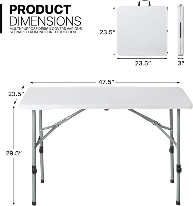MoNiBloom 4Ft Folding Card Table Set, Outdoor Foldable Portable Plastic Dining Picnic Cookout Table w/Height Adjustable and Handle, Set of 5 White
