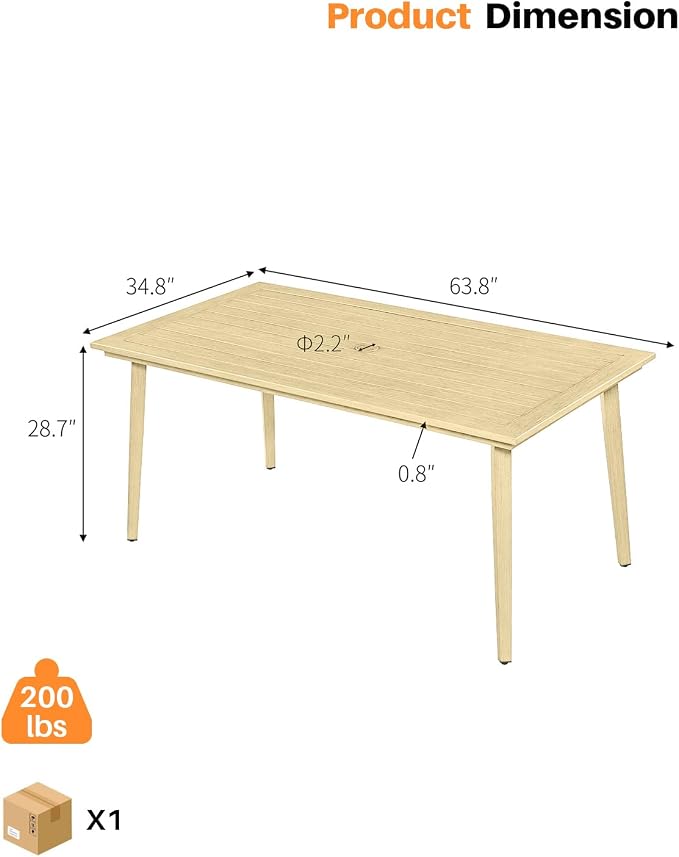 Never-Rust Outdoor Patio Dining Table for 6, Aluminum Outdoor Dining Table with Umbrella Hole, 6 Person Patio Dining Table Furniture for Decks, Garden, Porch, Lawn, Maple Wood