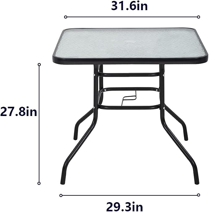 32in Patio Tables,Patio Bistro Tables,Outdoor Dining Tables,Square Tempered Glass Patio Table with Umbrella Hole for Lawn Balcony Yard