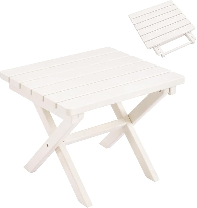 Furnimart 18" Square Foldable Side Table for Outdoor & Camping, Extra-Thick HDPE Weather-Resistant Small Coffee Table, Portable White Outdoor End Table for Balcony Poolside Space Saving(White)