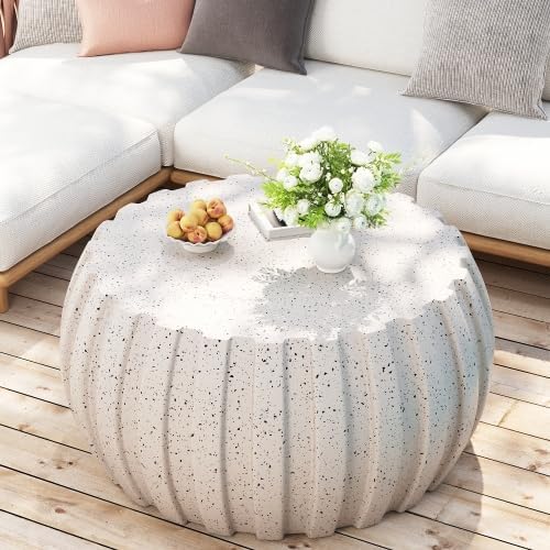 35.43" Indoor Round Coffee Table, Waterproof Coffee Table Modern MgO Cement Design End Tables for Living Room, Outdoor Patio Coffee Tables for Garden, Backyard, Balcony, White