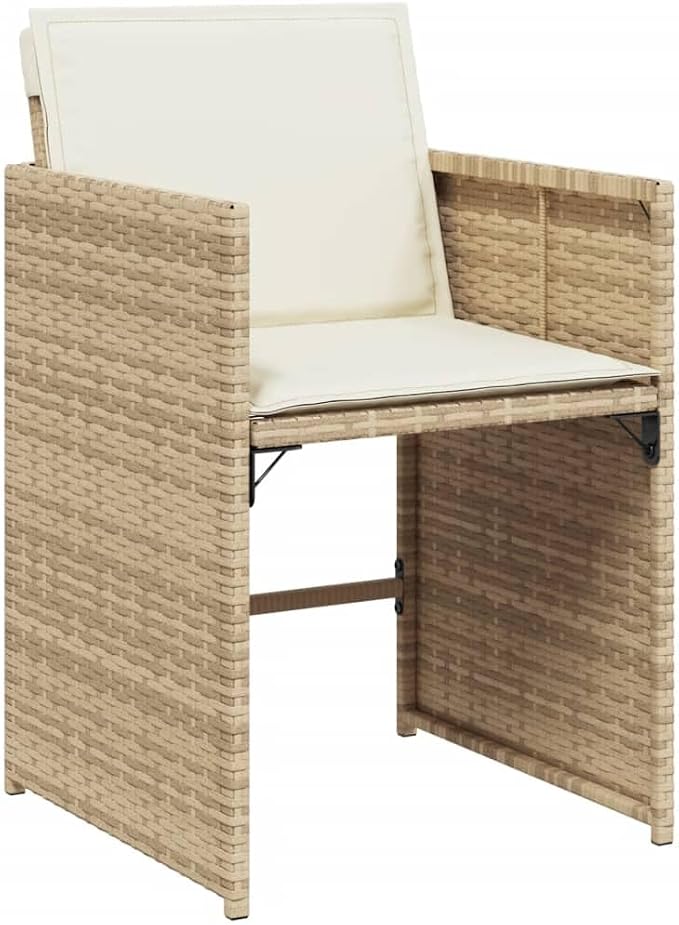 7 Piece Patio Dining Set with Cushions Beige Poly Rattan Outdoor Furniture Table and 6 Folding Chairs with Tempered Glass Top and Removable Covers for Garden Backyard Relaxation