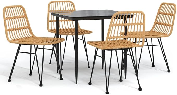 5 Piece Patio Dining Set Poly Rattan Outdoor Furniture Table and 4 Chairs with Tempered Glass Top and Steel Frame Weather Resistant for Backyard Poolside Garden Deck Balcony