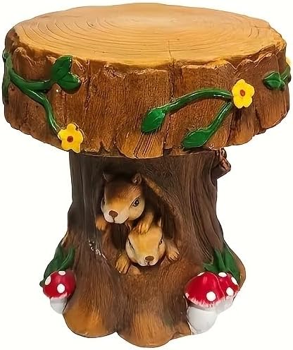 12.6" Resin Squirrel Garden Chair, Indoor & Outdoor Accent Stool, Natural | Round Tree Stump Design w/ Squirrel Details, Weather-Resistant for Patio, Backyard, Terrace & Home Decor