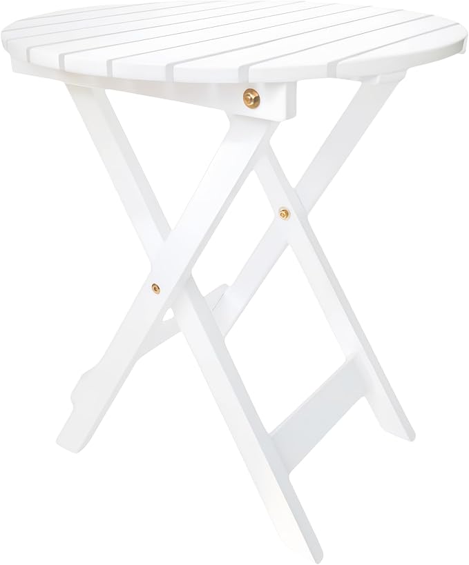 Outdoor Wooden Side Table, Folding Patio End Table, Small Round Furniture Table for Adirondack Chair, Balcony, Porch, Acacia Wood, No Assembly, White