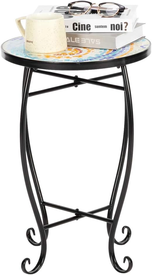 Mosaic Outdoor Side Table, 14inch Round Small Patio Accent Table Ottoman Mosaic Bistro Table Indoor End Table for Yard, Garden, Living Room, Bistro Balcony or Lawn (Sun, 14'')