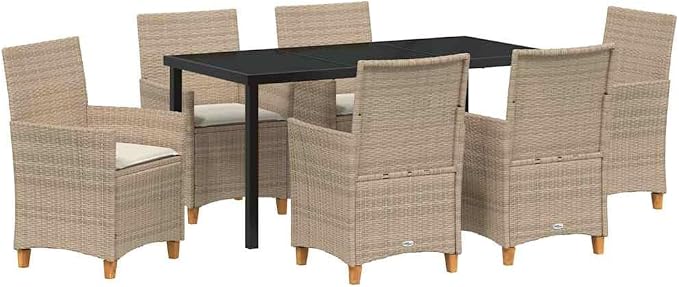 7 Piece Garden Dining Set, Weather-Resistant Poly Rattan Patio Furniture with Glass Top Table and 6 Comfortable Chairs for Outdoor Backyard Deck