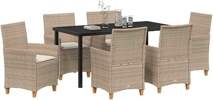 7 Piece Garden Dining Set, Weather-Resistant Poly Rattan Patio Furniture with Glass Top Table and 6 Comfortable Chairs for Outdoor Backyard Deck