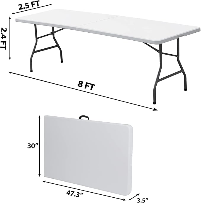 8 FT Folding Table, Fold in Half, Heavy Duty Portable w/Handle Plastic for Picnic Party Camping Dining Indoor Outdoor - Lightweight White