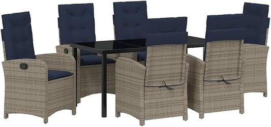 Afuera Living 7-Piece Poly Rattan Garden Dining Set, Gray Finish, Cushioned Seats, Glass-Topped Table, Adjustable Backrests, Weather-Resistant Steel Frame, Modern Patio Furniture for Outdoor Dining