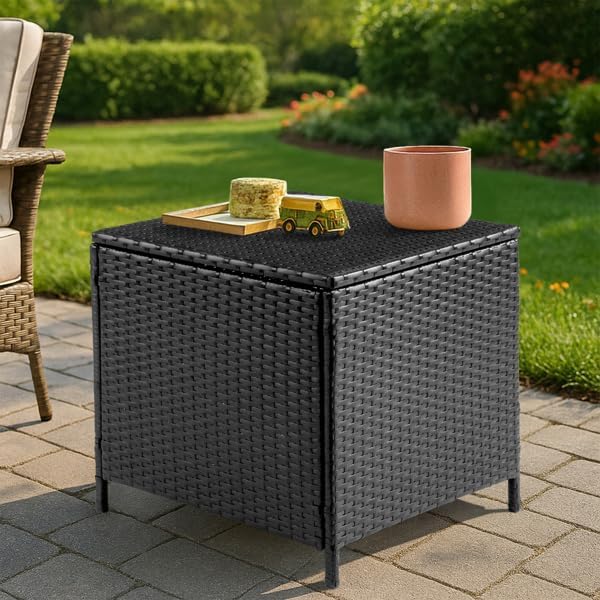 Outdoor PE Wicker Side Table with Storage, Patio Rattan End Table Square Container for Furniture Covers (Black)