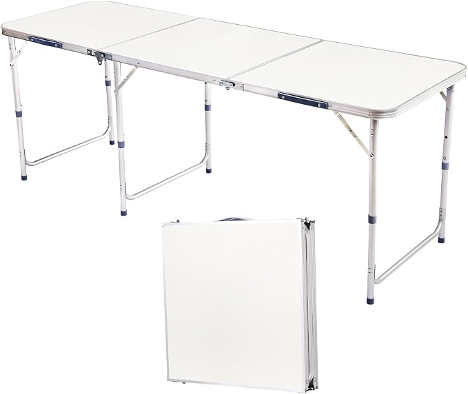 6 Ft Folding Portable Camping Table, Tri-fold Outdoor Picnic Table, Outdoor Camping Kitchen, BBQ, Picnic, Cooking, Beach, Garden, Party (White)