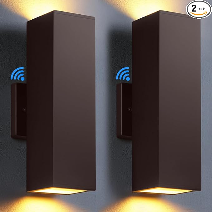 SHIMR Dusk to Dawn Outdoor Wall Lights, Modern Sconce, ETL Listed, 2 Pack | Bronze, Waterproof Aluminum Exterior Lighting Fixture, E26 Base, LED Bulbs Include, Up and Down Lights for House Porch Garage