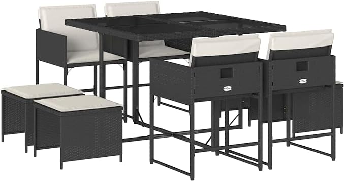 9-Piece Rattan Patio Dining Set, Rectangular Table, Black & Cream | Includes 8 stackable chairs with removable cushions, ideal for outdoor backyard and terrace family gatherings.
