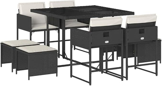 9-Piece Garden Dining Set, Black and Cream White Rattan Patio Furniture Set with Stackable Chairs, Cushions and Table Cover for Backyard, Deck and Terrace