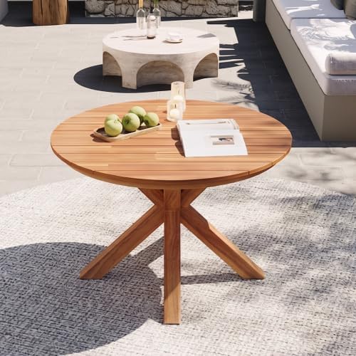 44.5 Inch Round Outdoor Dining Table, Premium Acacia Wood Patio Table, with X-Shaped Base, Slatted Wooden Table, for Garden, Backyard, Balcony and Indoor Use, Natural Wood Finish