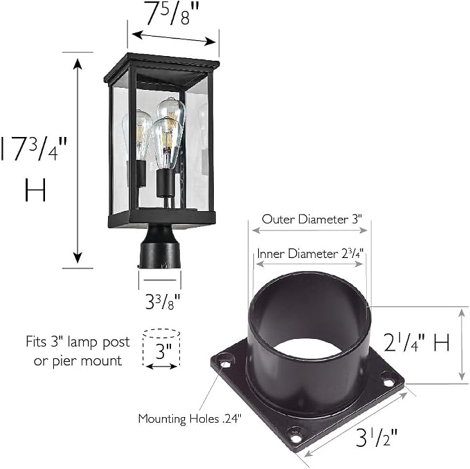 Design House Mayfield Outdoor Post Top Light with 3-Inch Pier Base Mount Fitter, Black, 590299 | Post Mount, Contemporary/Modern, Aluminum, 2-Piece, Lighting, 590299