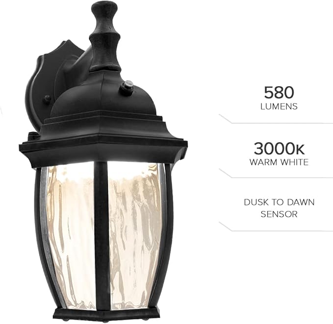 Maxxima LED Black Outdoor Wall Light, 580 Lumens 3000K, Dusk to Dawn Sensor | Clear Water Glass, Warm White, Photocell Sensor, Exterior Patio or Porch Sconce Fixture