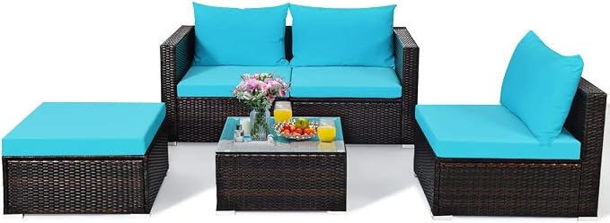 HAPPYGRILL 5-Pieces Patio Conversation Set Rattan Wicker Sectional Sofa Set with Coffee Table Outdoor Furniture Set with Cushions for Lawn Garden Porch
